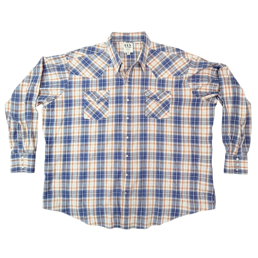 Ely Cattleman Shirt Mens 4XLT Blue Orange Plaid Pearl Snap Western Long‎ Sleeve
